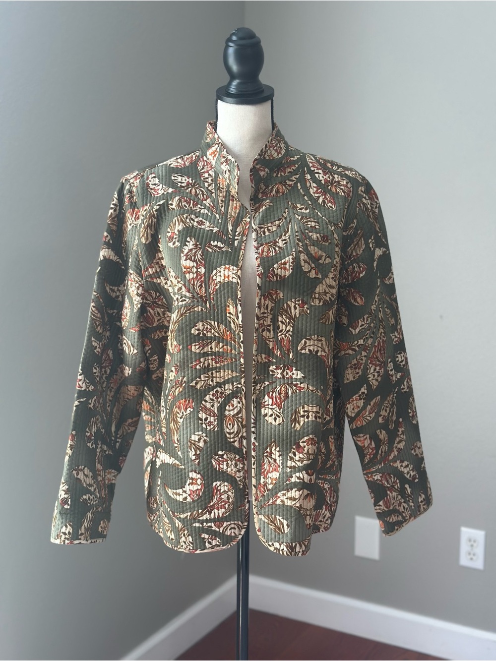 Alfred Dunner Olive Green Quilted Reversible Botanical Print Grandma core Jacket